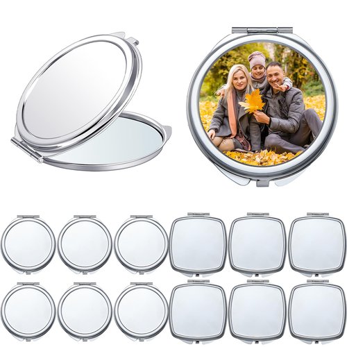 Jetec 12 Pcs Sublimation Blanks Compact Mirror Bulk Transfer Folding Pocket Makeup Double Sided Handheld Mirror Round Square Sublimation for Purse Travel