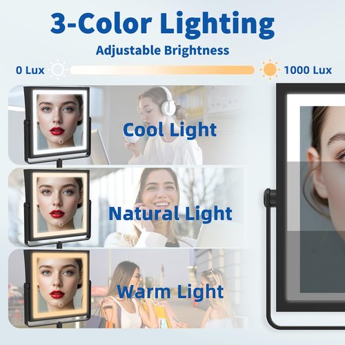 Ruacq Rechargeable Wall Mounted Makeup Mirror with Lights, Double Sided 1X/7X Magnifying Vanity Mirror with 3 Color Lighting, Touch Screen Dimmable, 360° Rotation Extension Foldable Arm(Matte Black)