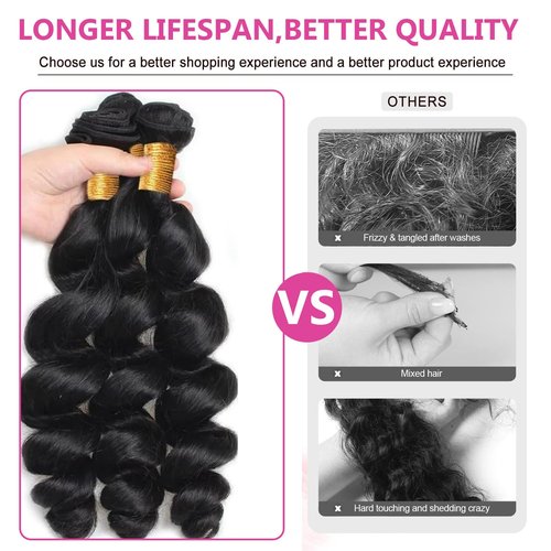 Ladiaryf Loose Wave Bundles Human Hair Brazilian Virgin Human Hair Loose Wave Natural Black Color Can Be Dyed and Styled Total 300g (natural black color, 10 10 10 Inch)