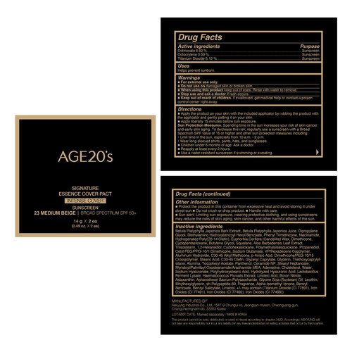 AGE20'S Signature Essence Pact SPF 50+ | Pack of 2 | 23 Medium Beige | Cream Foundation, Dewy Finish, Natural Coverage | Korean Cushion Foundation