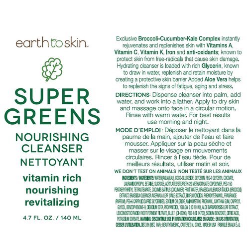 Earth To Skin Super Greens Face Cleanser - Nourishing Daily Wash for All Skin Types | 4.7 Fl Oz