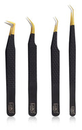 HADIZ Set of 4 Fiber Tip Diamond Grip Eyelash Extensions Tweezers Japanese Stainless Steel Lash Tweezer(Black)