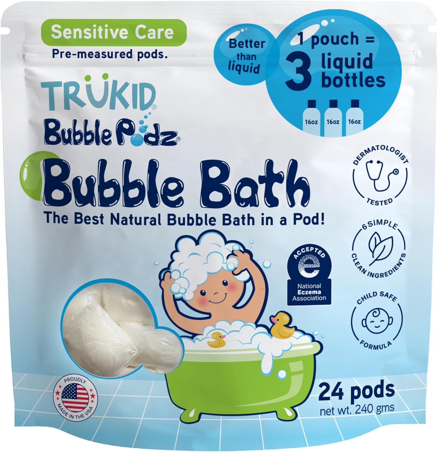 TruKid Bubble Podz | Gentle Bubble Bath for Kids & Toddlers - Eczema-Friendly, pH Balanced, 24 Podz