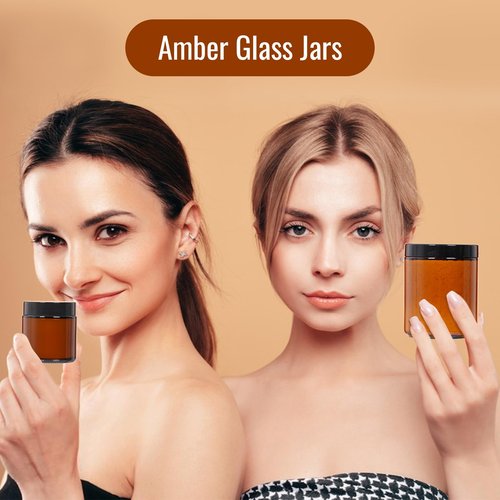 2 Pack 8 oz Amber Glass Jars with lids, Cosmetic Jars with Inner Liners and Black Lids, Lotion Jars, Candle Making Jars for Lotions, Scrubs and Cosmetic, Lables and Spatulas Include
