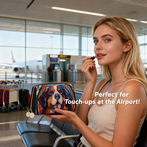 Novgift Bernese Mountain Stained Dog Breed Glass Art Leather Makeup Bag Travel Cosmetic Bag For Women Large Capacity Makeup Pouches