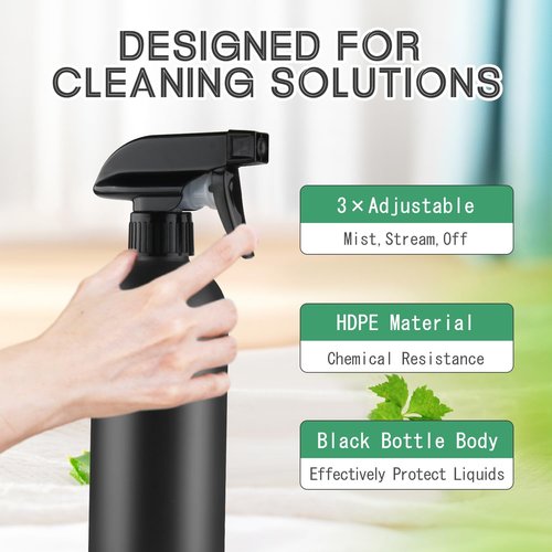 DMuuuDM 500ml/16 Oz Plastic Spray Bottles,Empty Heavy Duty Adjustable Fine Mist and Stream Container for Home Garden Plant,Essential Oils,Hair,Household Cleaning Solutions-Black,6 Pack