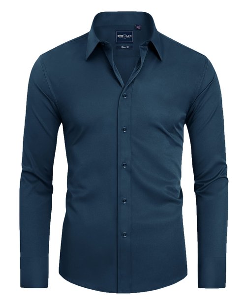 Alimens & Gentle Men's Light Navy Dress Shirt Slim Fit Long Sleeve Stain Shield Button Down Shirts Office Cruise L