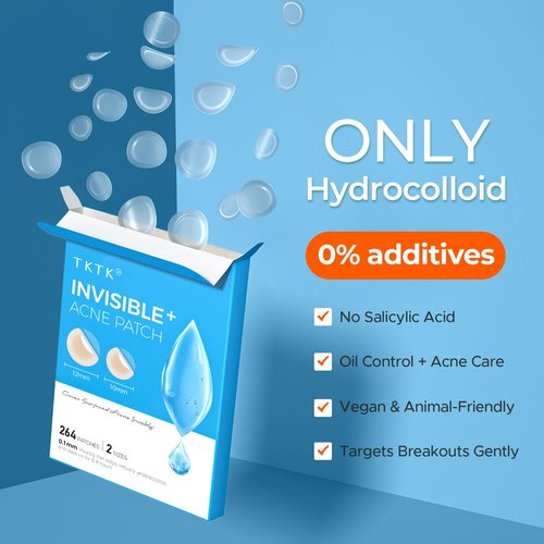 TKTK Pimple Patches for Face, 0.01cm Ultra-Thin Invisible Acne Patches, Hydrocolloid Patches for Breakouts, Absorbs Zits & Blemish, Suitable Under Makeup, 2 Sizes(10mm/12mm) 264 count