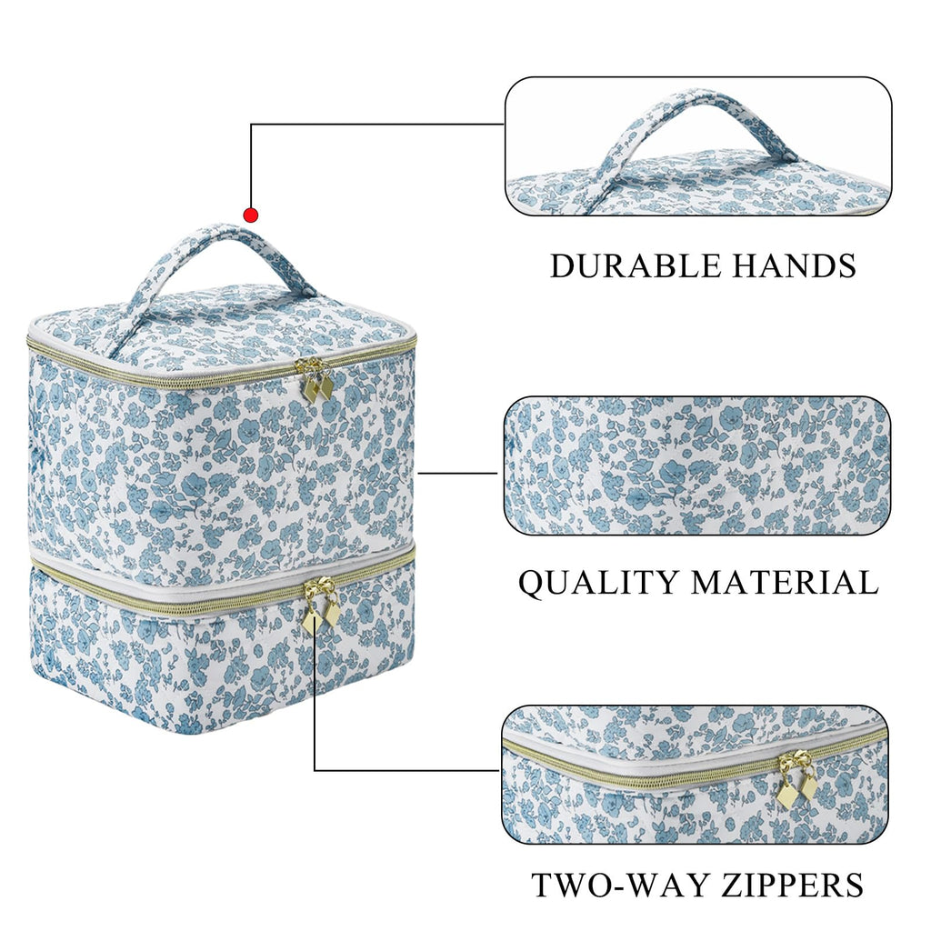 ZFZGFRCS Upgraded Nail Polish Organizer Case - Holds 30 Bottles and 1 Nail Light, Double-layer Nail bag Organzier Case Nail Polish Storage Bag with Handles (Blue-Flower)