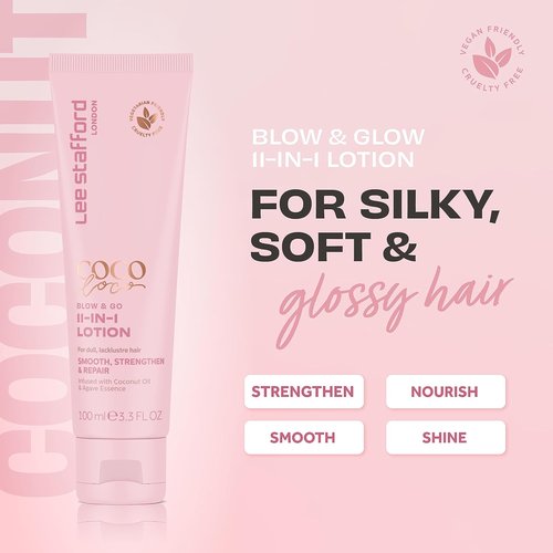 Lee Stafford Blow Dry Hair Lotion - 11-in-1 Leave-In Styling Cream, Heat Protectant & Hydrating Coconut Scent, 3.3 Fl Oz