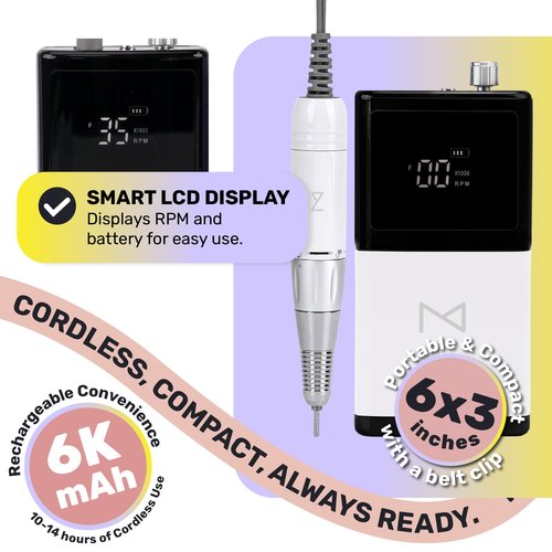 M - E-ZDrill Rechargeable Electric Nail Drill, 35k RPM, Smart Speed & Battery LCD, Portable Lightweight, Forward/Reverse, Aluminum Metal, Acetone Resistant Nail Drill (White)