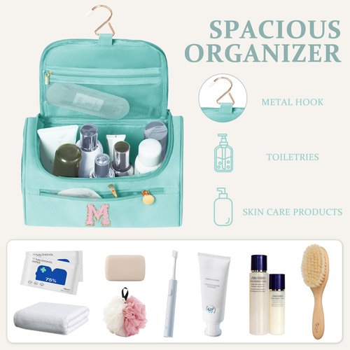 COSHAYSOO Travel Gifts for Women Travelers Trip Unique Initial Hanging Toiletry Bags, Personalized Gifts for Female Friend Friendship Wife Girlfriend Anniversary Bestie Birthday Party Favor Teal M