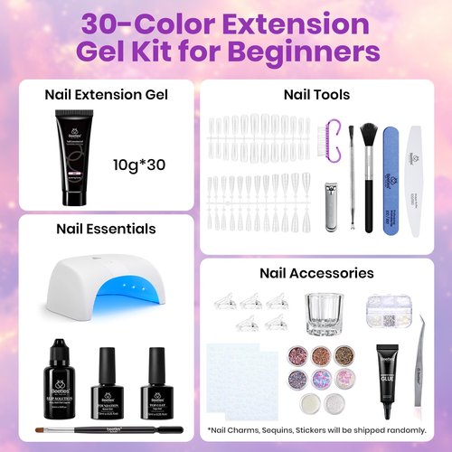 Beetles 30 Colors Poly Extension Gel Nail Kit With U V Lamp Nude Pink Glitter Poly Nail Gel Starter Kit All In One With Nail Art Accessories Manicure DIY Home Salon Gift for Women Girls