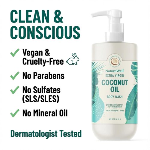 NATURE WELL Extra Virgin Coconut Oil Ultra-Moisturizing Body Wash, Gentle & Creamy Formula Packed with Antioxidants, Vitamins A, C & E, & Squalane, Provides Gentle Cleansing & Intense Hydration, 33 oz