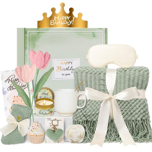 CuriBox Birthday Gifts for Women - 13PCS Unique Happy Birthday Gifts Basket for Mom Her Best Friend Sister Wife Girlfriend Coworker - Relaxing Spa Self Care Package Valentines Day Gifts Set (Green)