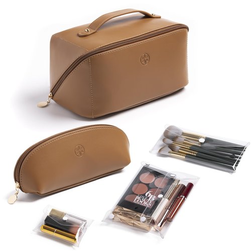 Travel Makeup Bag Waterproof Open Flat with Compartments, Large & Small Makeup Bag Organizer, PU Leather Toiletry Bag for Women, Cosmetic Bag, Make up Case Pouch, Make up Bags (5 Pieces Set)