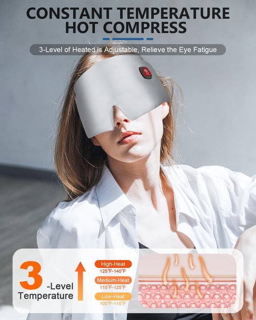 Silk Heated Eye Mask, 2000mAh Large Size Cordless Sleep Mask Warm Eye Compresses Electric Eye Heating Pad for Stye Blepharitis Dry Eyes Sinus Migraine Gifts for Men Woman (White)