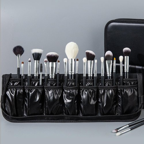 COSHINE Waterproof PU Black Professional Makeup Brush Organizer Bag, 14-HOLE Cosmetic Brushes Stand-Up Design for Organized Storage (Brushes Not Included)