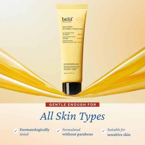 belif Super Knights - Vitamin Collagen Wrapping Peel Off Facial Mask, Elasticity + Hydration, Pore Firmenss & Even Skin Tone, with Multi Vitamin Complex and Glutathione | Korean Skincare, 2.3 fl. oz