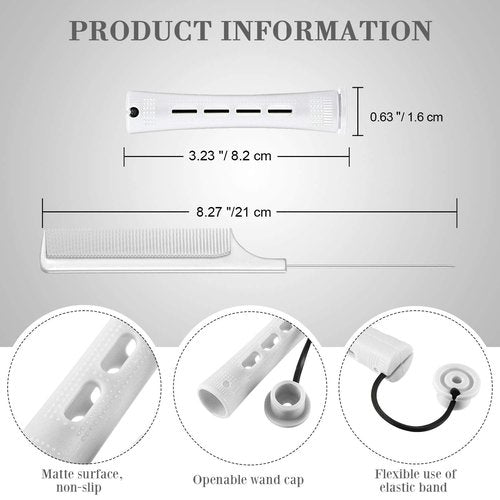 Skiennix 48 Plastic Hair Perming Rods - Curlers with Steel Pintail Comb | White, 0.63 Inch (1.6 cm)