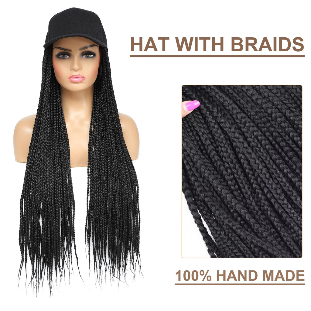 Yunkang Hat Wig for Women Baseball Cap with Braided Hair Attached Synthetic Black Box Braid Wig Hat Adjustable Cap with 24inch Black Braids for Daily Outdoor Use