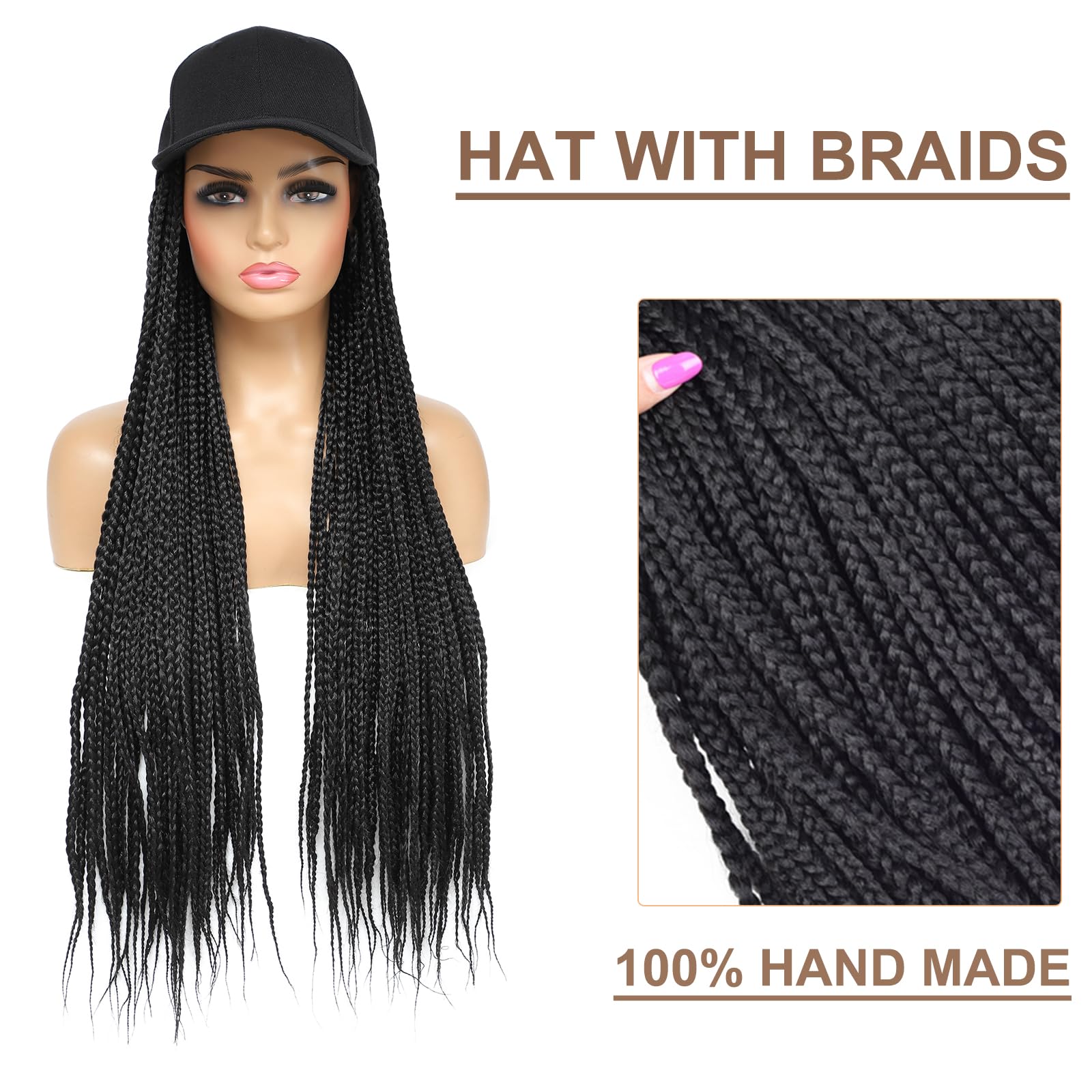 Yunkang Hat Wig for Women Baseball Cap with Braided Hair Attached Synthetic Black Box Braid Wig Hat Adjustable Cap with 24inch Black Braids for Daily Outdoor Use