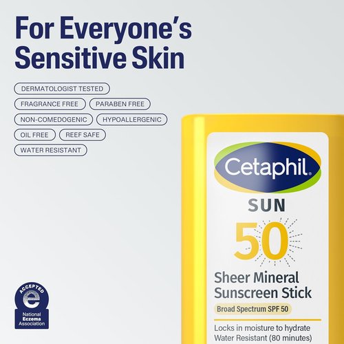 Cetaphil Sheer Mineral Sunscreen Stick - SPF 50 Broad Spectrum Protection | 0.5oz for Sensitive Skin