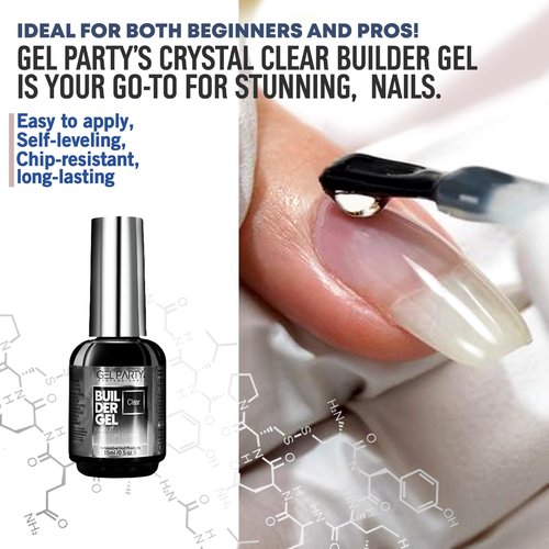 GELPARTY Clear Builder Nail Gel Set 2×15ml – HEMA-Free TPO-Free Self-Leveling Brush-On Hard Gel Soak-Off UV/LED 7-in-1 for Nail Extensions Overlays Strengthening & Rhinestones