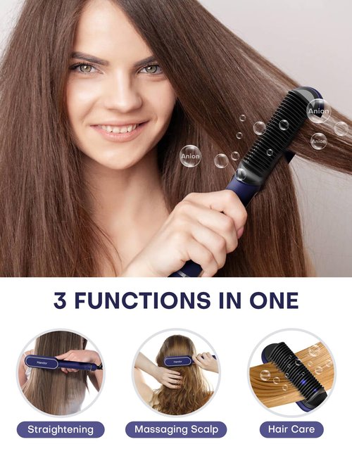 Handor Advanced Negative Ionic Hair Straightener Brush with 9 Temp Settings & Anti-Scald LED Display, 20s Fast Heating 250°F to 410°F, Effortless Styling for Silky Smooth, Frizz-Free Hair, Blue