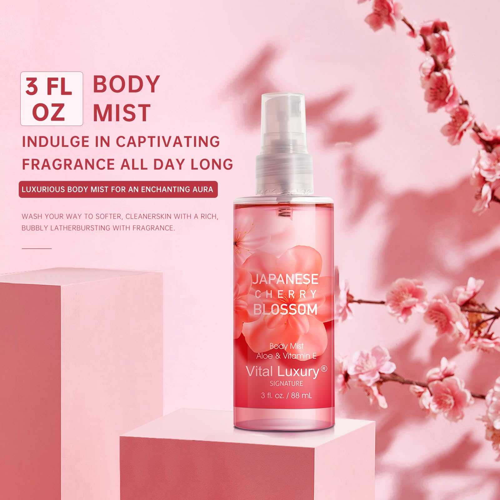 Vital Luxury Bath and Body Gift Set for Women and Girls, Japanese Cherry Blossom Spa Set With Natural Extracts-Shower Gel, Body Lotion, Body Mist, Body Care Travel Set for Birthday Mother's Day Gifts
