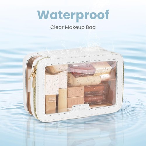 Aniborsa Clear Makeup Bag, Travel Clear Cosmetic Bag and Makeup Brush Bag, Transparent Portable Makeup Case, Waterproof Toiletry Bag with Zipper for Women, White