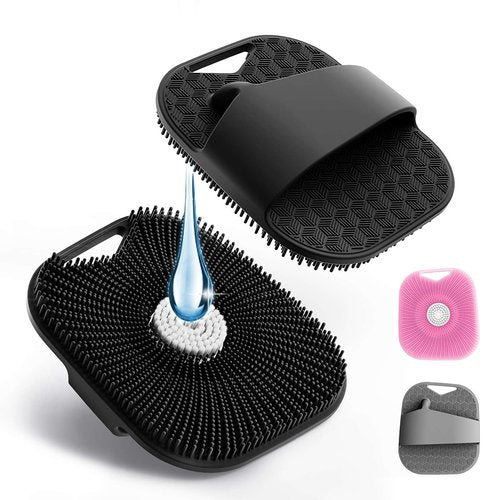 Silicone Body Scrubber in Shower for Men - with Enhanced Lather Bristles and Ergonomic Anti-Slippery Handle for Deeply Cleaning (Black + Gray + Pink)