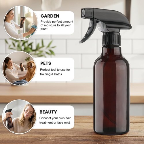Hethyo Glass Spray Bottles 12oz Empty Spray Bottle Mist/Stream Spraying Small Refillable Containers for Hair Care, Cleaning Solutions, Plants, Essential Oils 2 Pack (Brown, 12oz)