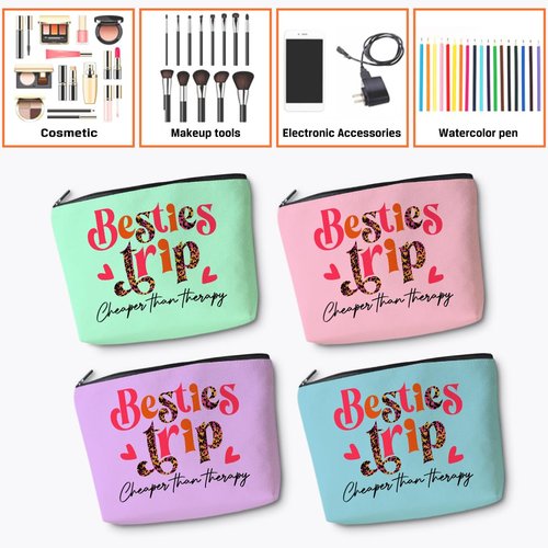 4 Pcs Bestie Trip Makeup Bag Funny Girls Trip Favors Girls Weekend Bestie Gifts Summer Vacation Birthday Christmas Graduation Cosmetic Bag Bachelorette Party Friendship Gifts for Women BFF Bride