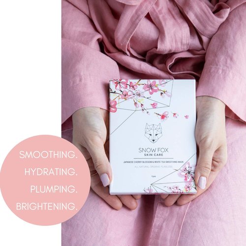 Snow Fox Japanese Cherry Blossom & White Tea Smoothing Sheet Mask – Hydrating Face Mask for Glass Skin Glow & Bridal Makeup Prep – Moisturizing Facial Skin Care for all Types – 5 Pack