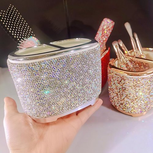 Bestbling Luxury Bling Rhinestone-Embellished Makeup Organizer Box Storage – Large Capacity Cosmetic Brush Lipstick Eyebrow Pencil Storage Box and Desktop Organizer Rack (Silver)