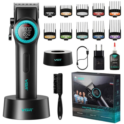 VGR 001 Professional Hair Clippers for Men, Cordless Barber Clippers for Hair Cutting, Carbon Steel Blade Hair Trimmers for Barbers, 9000RPM, LED Display, Black