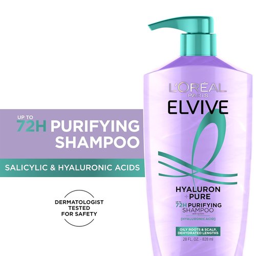 L'Oreal Paris Elvive Hyaluron + Pure 72H Shampoo - Clarifying Formula for Oily Hair, 28 Fl Oz