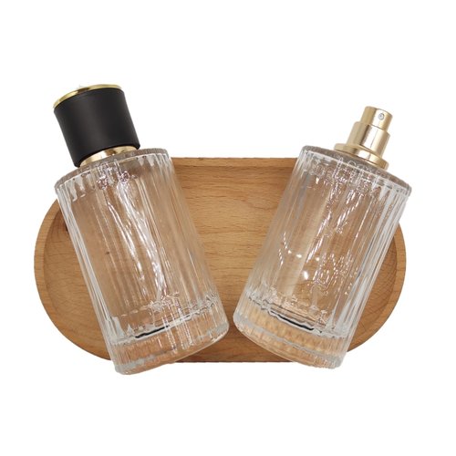 PimyRcyi Glass Spray Bottles for Perfume,3.4oz Empty Clear Vertical Stripes Round Fine Mist Spray Container 100ml,2PCS (Clear+Black)
