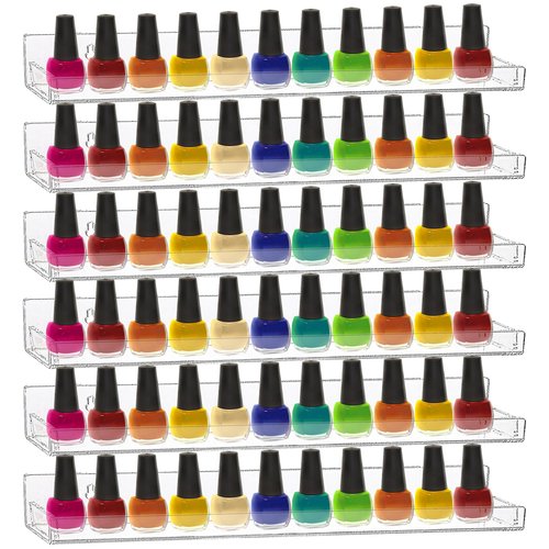 6 Pack Nail Polish Rack, Wall Mounted Organizer Shelf With Removable Anti-slip End Inserts, Clear Acrylic Display Holder for 90 Bottles