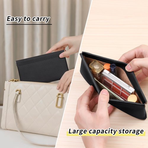 Genuine Leather Pocket Cosmetic Bag for Purse,Coin Purse Lipstick Cosmetic Accessories Travel Pouch for Storage Waterproof Portable No Zipper Self-closing Small Makeup Pouch (Black)