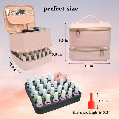 LIVEBAY Nail Polish Organizer Case, Double-Layer Nail Supplies Organizer Holds 30 Bottles & Nail Lamp, Professional Nail Kit Storage Makeup Carrying Case (Pink)