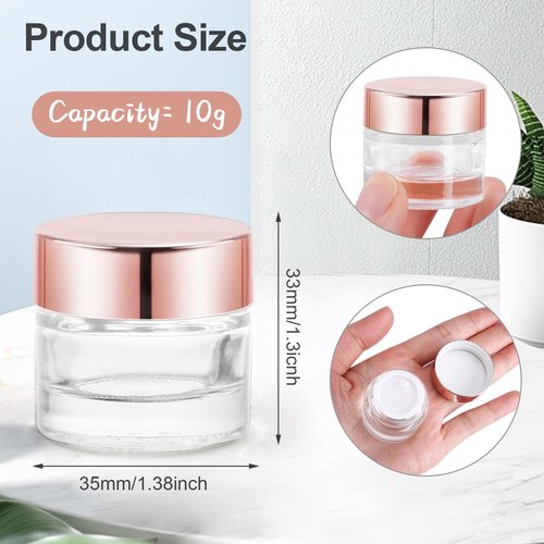 12 Pcs 10g Glass Cosmetic Jars Refillable Clear Cream Bottle Containers Empty Sample Vials Jar with Rose Gold Lid for Eye Cream Lotion Ointments Lip Balm Scrub