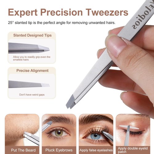 Velodios Tweezers for Eyebrows, Pointed TipTweezers for Women Facial Hair, Ingrown Hair Removal, Slanted and Pointed Tip Tweezers Set with PU Travel Case (Slant & Pointed Tweezers Set)