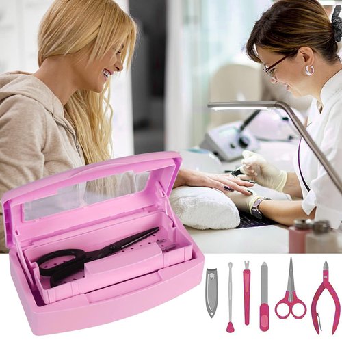 Gusnilo Nail Tool Sterilizer Box Disinfectant Jar Plastic Disinfectant Container Suitable for Nail Tools Hair Salons Beauty Centers and Manicure and Nail Equipment(Pink)