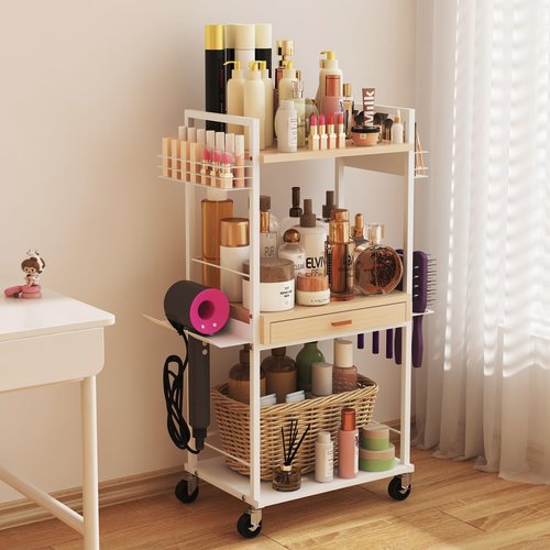 Makeup Organizer Cart with Wooden Drawer, 2-in-1 Floor Skincare Organizers with Jewelry Storage, 16.5'' L x 11.8'' W x 34.2'' H Large Make Up Organizers Vanity Organizer for Skin Care Hair Tool