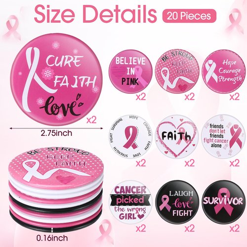 Amylove 40 Pcs Breast Cancer Gifts for Woman, 20 Breast Cancer Awareness Makeup Bags and 20 Pink Ribbon Compact Mirrors Care Gifts for Survivors Patients