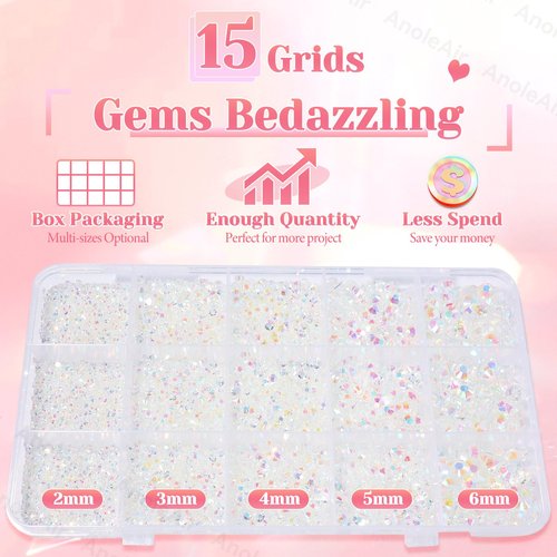 12000Pcs Clear AB Rhinestones for Bedazzling Kit, 2/3/4/5/6mm Mix Sizes Jelly Bedazzling Resin Gems, Gems Bedazzling for Crafting, Flatback Rhinestones for Craft DIY Face Makeup Crafts Tumblers