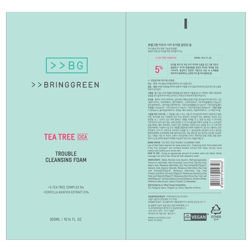 BRING GREEN Tea Tree Cica Cleansing Foam - Gentle Exfoliating Cleanser for Sensitive Skin (10.1 Fl. Oz., 300ml)