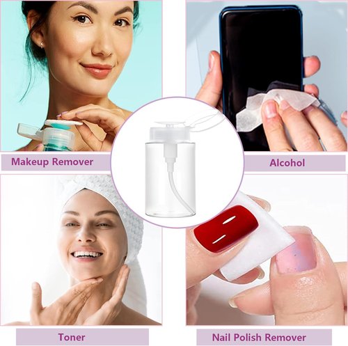 Push Down Pump Dispenser, 6.8oz Clear Pump Bottles with Alcohol, Acetone, Nail Polish Remover, Makeup Remover, Toner Stickers Empty Push Top Container for Liquid (200ml-4Pack)
